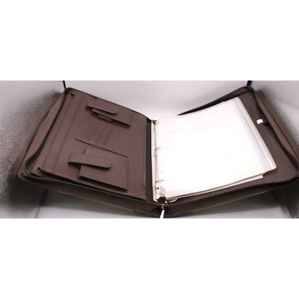 Day Runner Briefcase Planner Organizer Leather Canvas Zipper Handle Brown Green - Picture 5 of 14